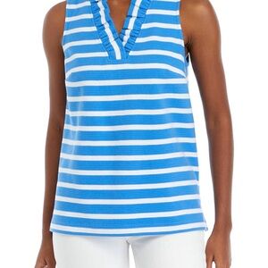 Crown & Ivy Blue and White Striped Sleeveless Top with ruffle collar